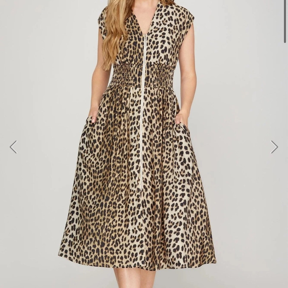 glam Leopard Print Midi Dress in Beige and Black